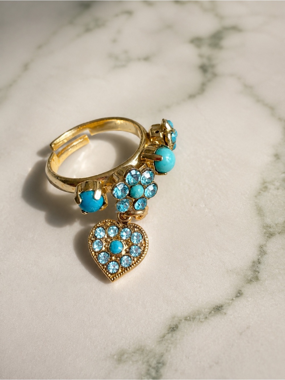 Vintage Amaro Israel Dangle Charm Heart & flowers Turquoise RING Adjustable